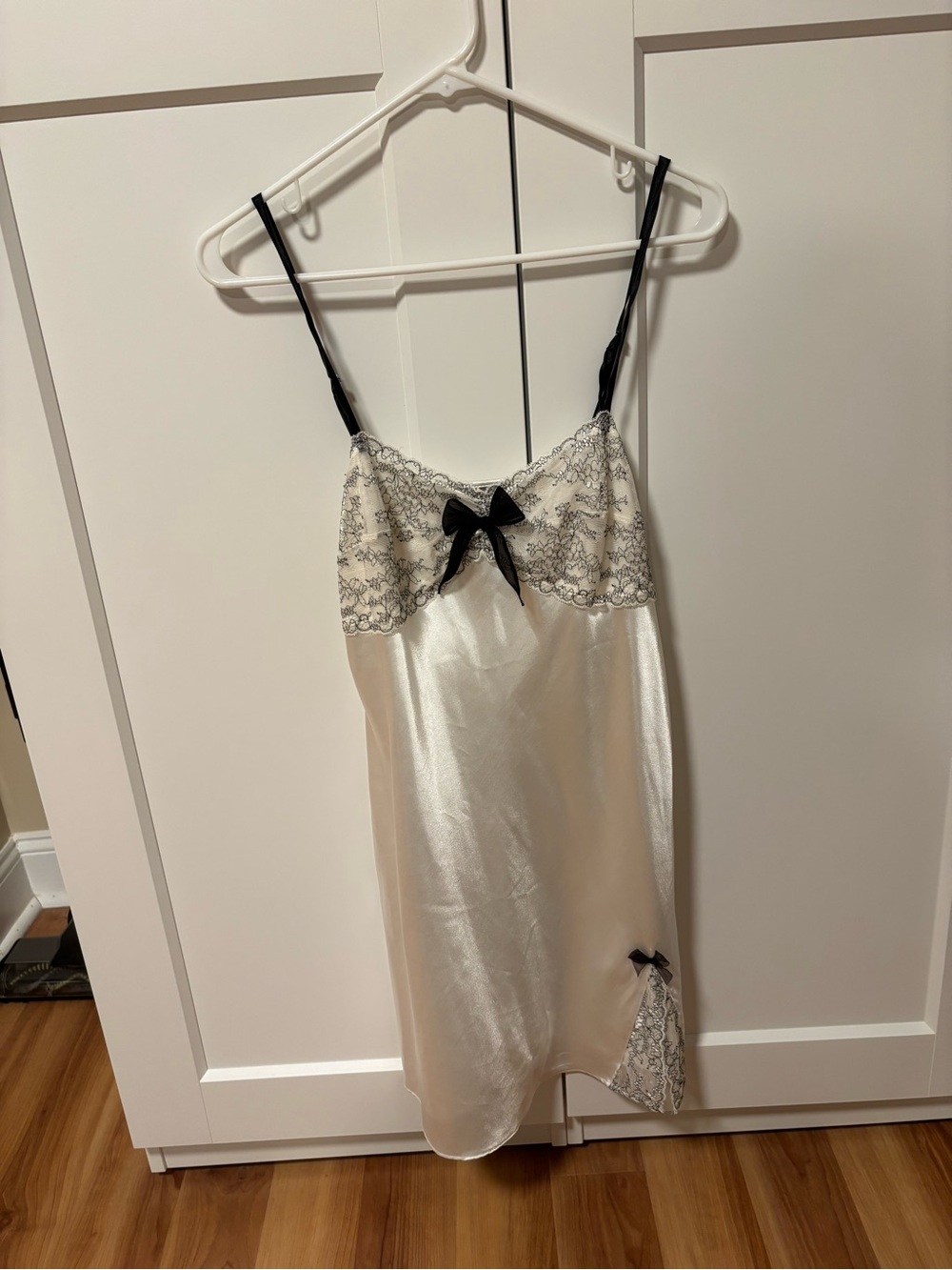 Morgan Taylor Cream Satin Teddy with Black Lace Accents